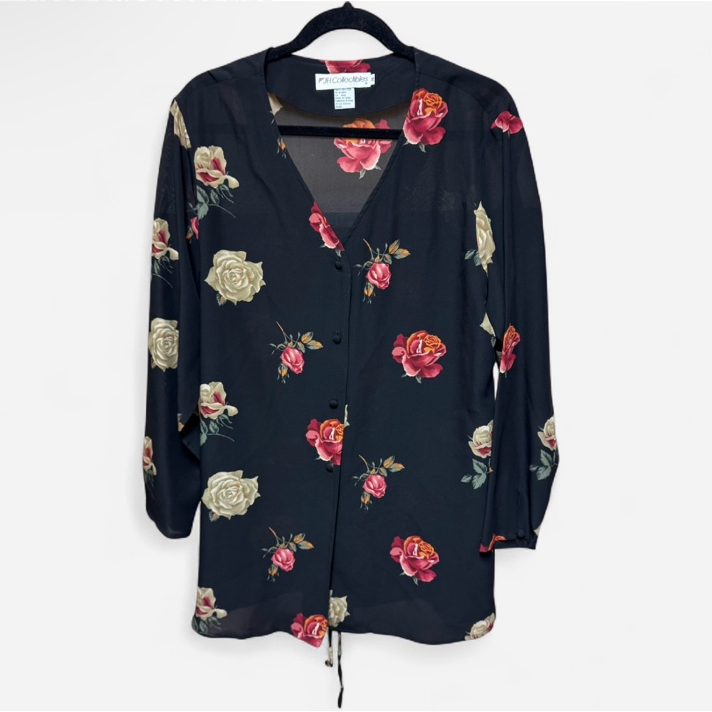 Vintage JH Collectibles Flowing Black Silk Blouse with Roses